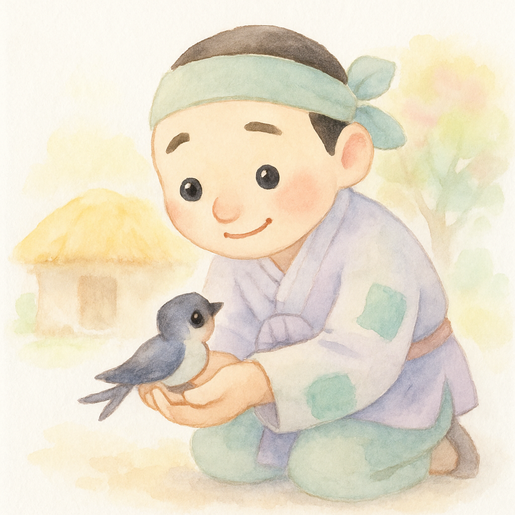 흥부가 집 지붕 아래에서 다친 아기 제비를 발견하고 조심스럽게 안아 올리는 장면